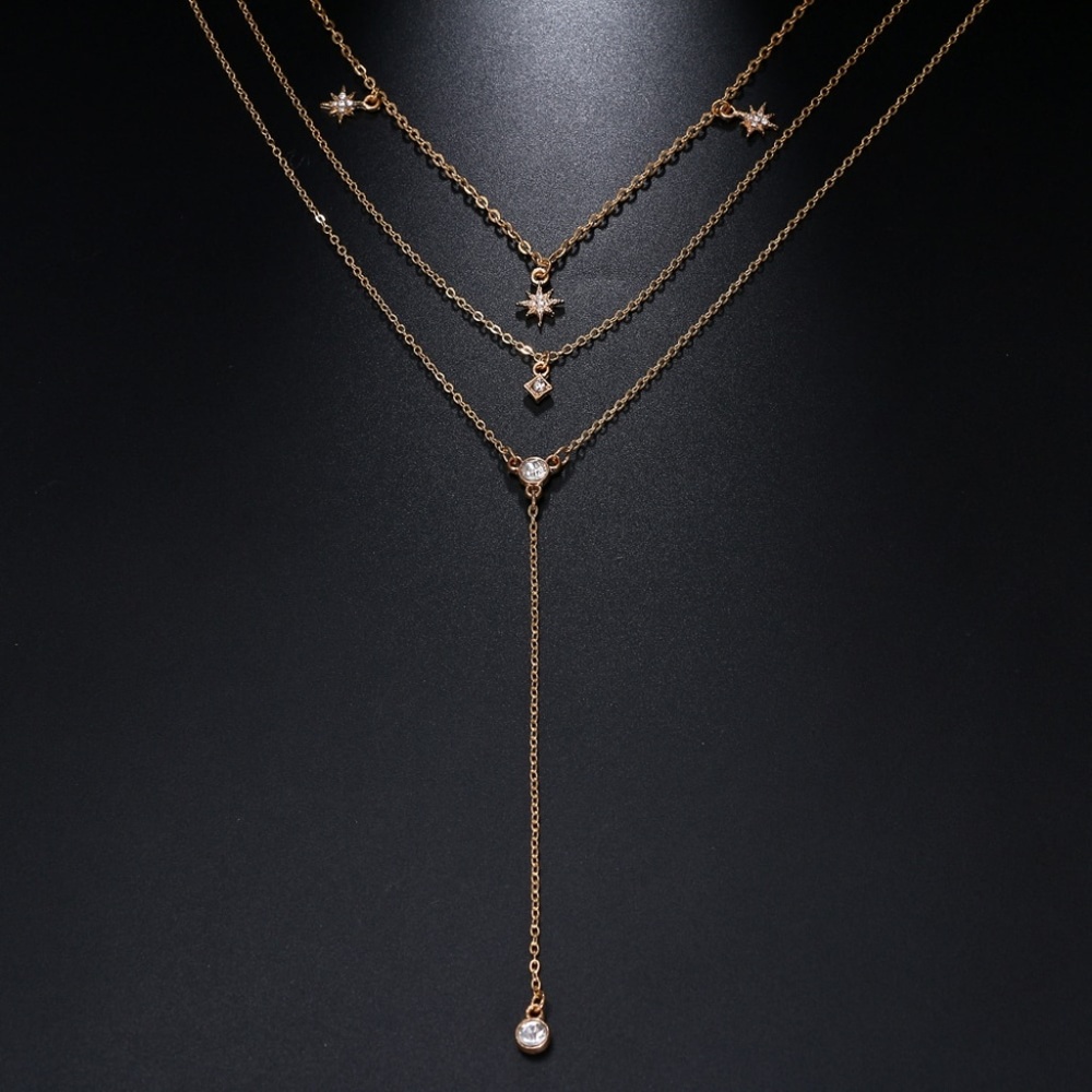3/$30 Celestial Star Layered Drop Necklace Gold - Picture 2 of 8